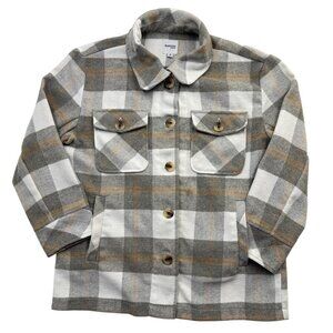 Kensie Plaid Fleece Shacket Jacket Pockets Gray Cream Cabincore Country Womens M